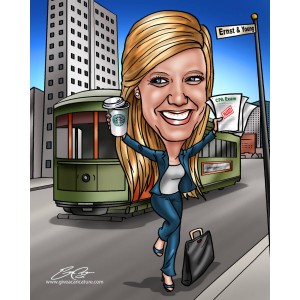 caricature accountant pass CPA trolley car