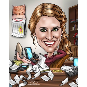 accountant caricature woman papers messy office