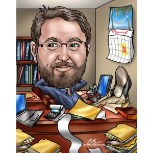 caricature gift accountant man papers files adding tape