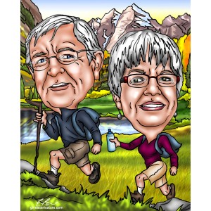 anniversary couple hiking in mountain caricatures