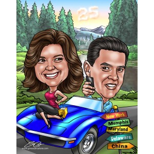 anniversary caricature sports car and destinations