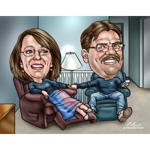 anniversary couple relaxing tv caricature