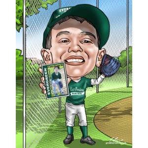 boy baseball card birthday caricature
