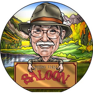 caricature retirement logo saloon mountains lake