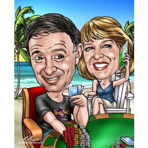 caricatures gift anniversary couple poker at beach