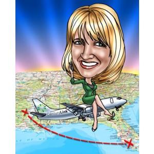 farewell caricature gift woman on plane USA map