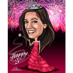 21st birthday caricature tiara wand fireworks