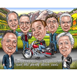motorcycle roadtrip buddies birthday caricatures