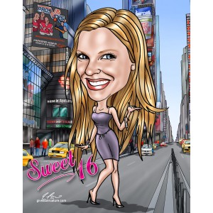 sweet 16 birthday gift in the city caricature