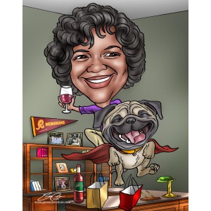 caricature boss flying on superdog with wine