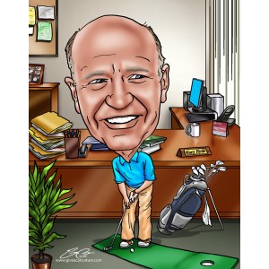 caricatures boss mini golfing in office