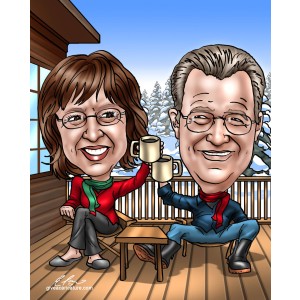 christmas couple caricature toasting mugs