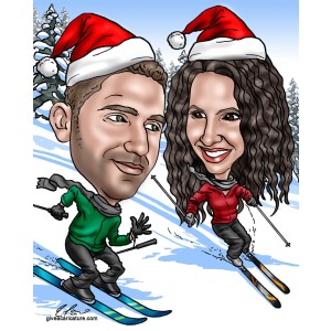christmas couple skiing in santa hats caricatures