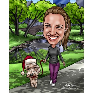 woman walking dog with santa hat caricature
