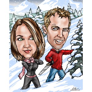 caricature couple cutting christmas tree snow