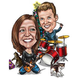 caricatures christmas couple band drums guitar
