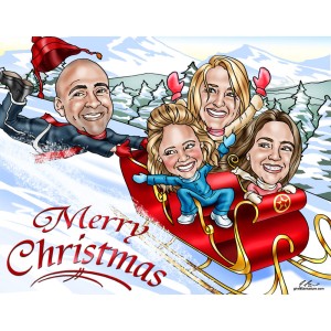 family in sleigh caricature christmas card 