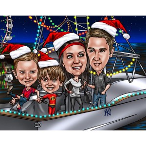 family in santa hats on boat christmas caricatures