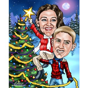 couple caricature decorating christmas tree