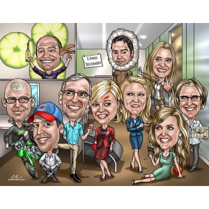 corporate group caricatures motorcycle wine