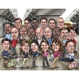 large group caricature gift in industrial setting