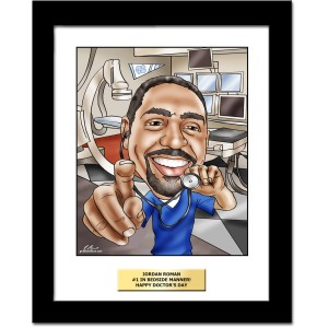 framed caricature doctor examining viewer