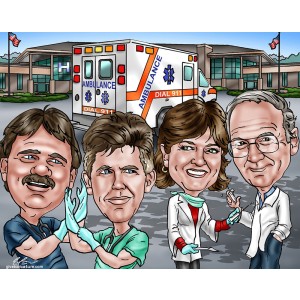 doctors team ambulance caricatures gift