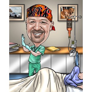 doctor exam room whiskey drip iv caricature
