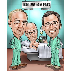 oncology doctors team with patient caricatures