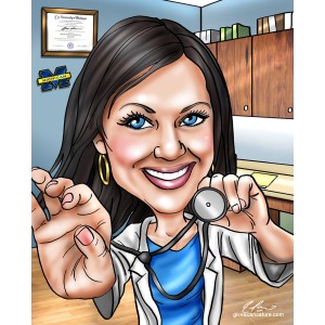 female doctor exam room diploma caricature