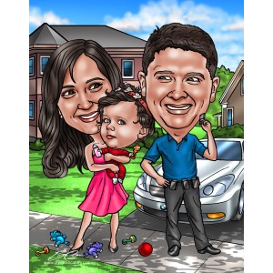 family farewell caricatures in front of house