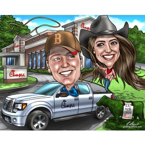 farewell gift caricature chick-fil-a pickup truck cowgirl