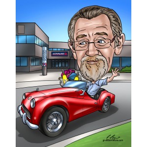 caricature waving goodbye to office from convertible