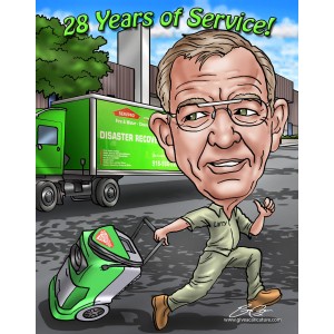 man farewell caricature running from company truck