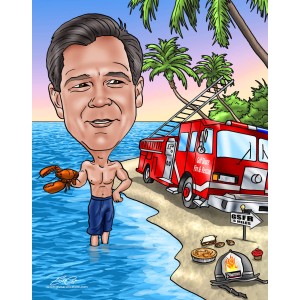 caricature firefighter gift fire engine on beach