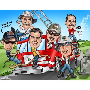 caricatures firefighters company on firetruck engine