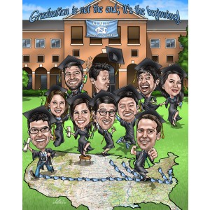 group graduate caricatures on usa map