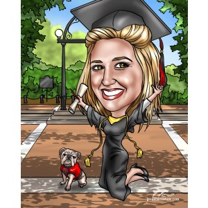 caricature graduate jumping with bulldog