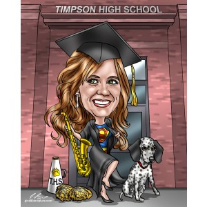 high school grad band cheer dog caricatures