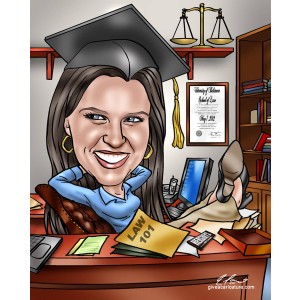 law graduate heels on desk caricature gift