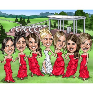 bridesmaids caricatures elegant dresses