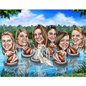 bridesmaids in dresses river tubing caricatures