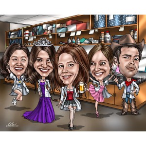 bridesmaids bridal party caricatures office lab