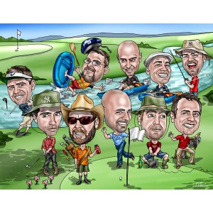 groomsmen caricatures different hobbies golf kayak