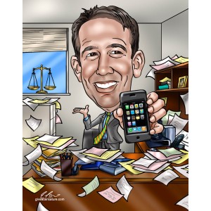 caricature lawyer smartphone scales messy office