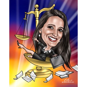 caricature gift woman lawyer in scales justice