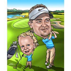 caricatures father's day dad and child golfing