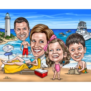 mother's day family at beach caricatures gift