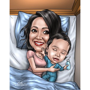 mother's day caricature cuddling with baby