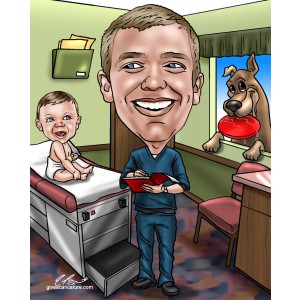 caricatures male nurse baby dog frisbee